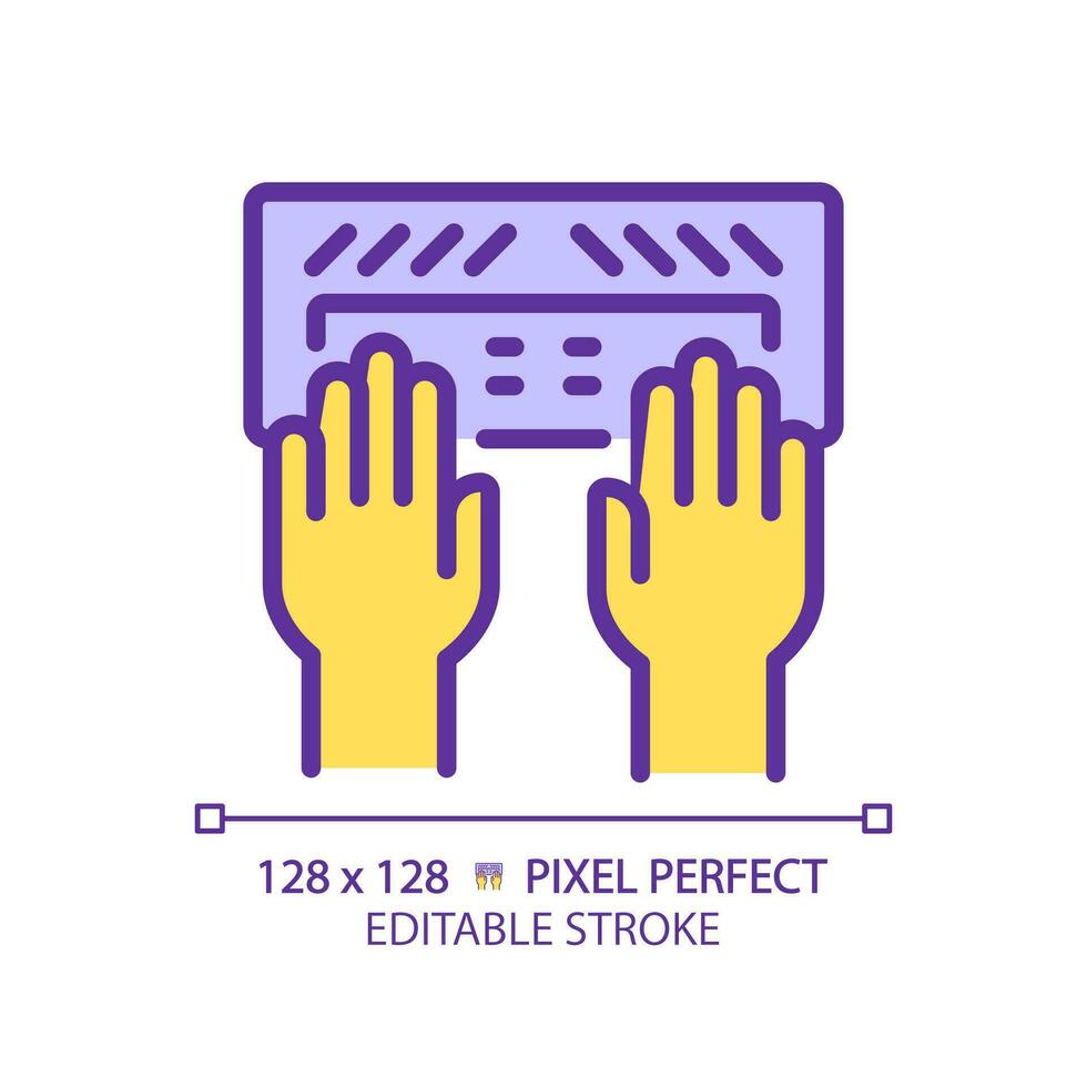 Yellow hands with Braille keyboard RGB color icon. Equipment for users with eyesight problems. Blind people support technology. Isolated vector illustration. Simple filled line drawing