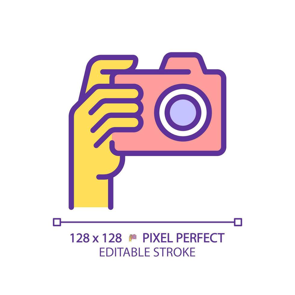 Yellow hand with camera RGB color icon. Person taking shot with analog equipment. Photographer tool. Photography technique. Isolated vector illustration. Simple filled line drawing