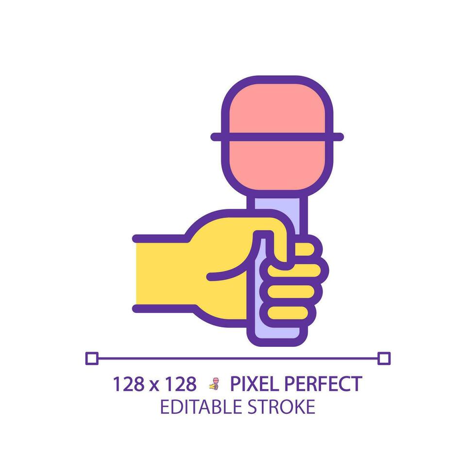 Yellow hand with microphone RGB color icon. Audio recording equipment. Journalist with mic at interview. Having fun at caraoke. Isolated vector illustration. Simple filled line drawing