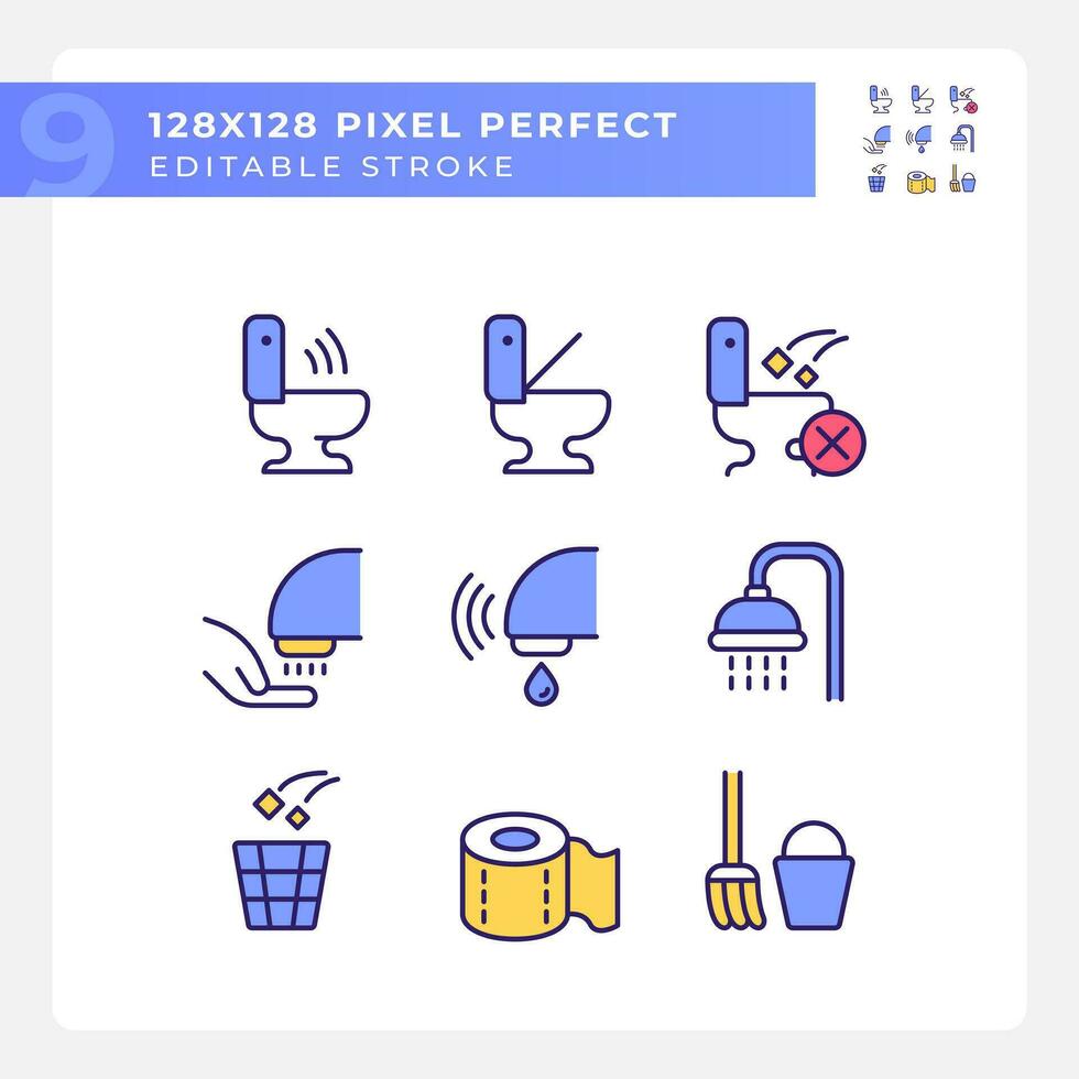 Public toilets service pixel perfect RGB color icons set. Restrooms using rules. Conveniences for guests. Isolated vector illustrations. Simple filled line drawings collection. Editable stroke