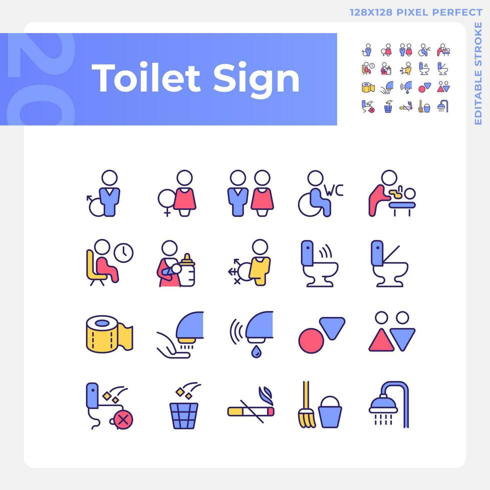Toilet sign pixel perfect RGB color icons set. Public restroom marking symbols. Water closet rooms hygiene. Isolated vector illustrations. Simple filled line drawings collection. Editable stroke