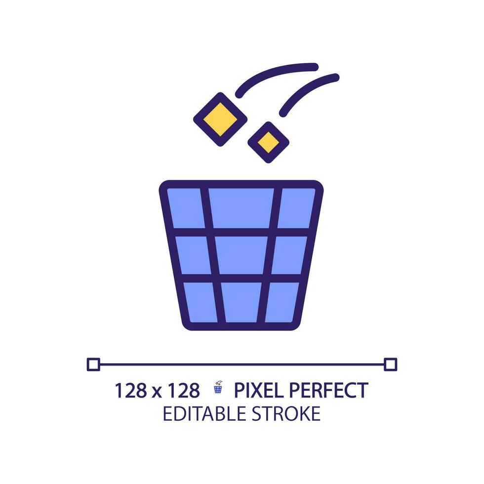 Throw rubbish pixel perfect RGB color icon. Use litter bin in toilet room. Put garbage in container. Remove rubbish. Isolated vector illustration. Simple filled line drawing. Editable stroke