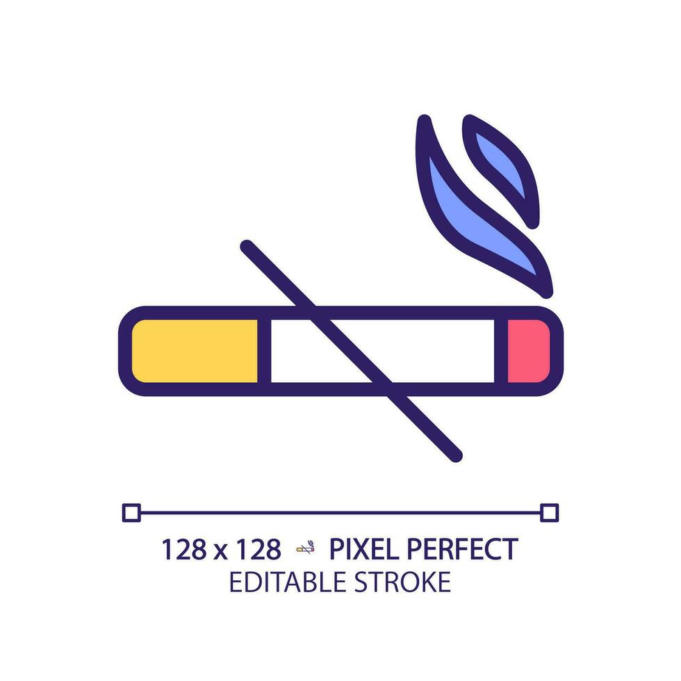 No smoking pixel perfect RGB color icon. Cigarettes ban sign. Important rule of toilet room usage. Fresh air condition. Isolated vector illustration. Simple filled line drawing. Editable stroke