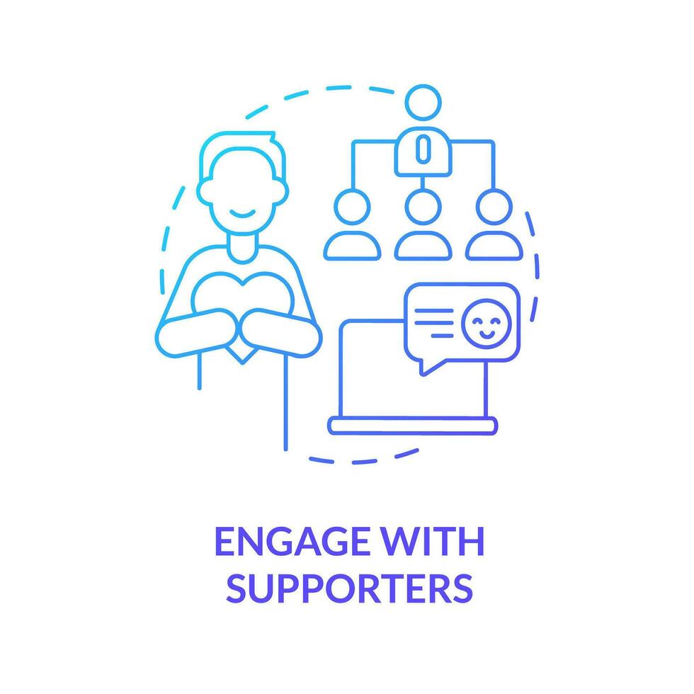 Engage with supporters blue gradient concept icon. Communication. Social media strategy for advocacy abstract idea thin line illustration. Isolated outline drawing vector