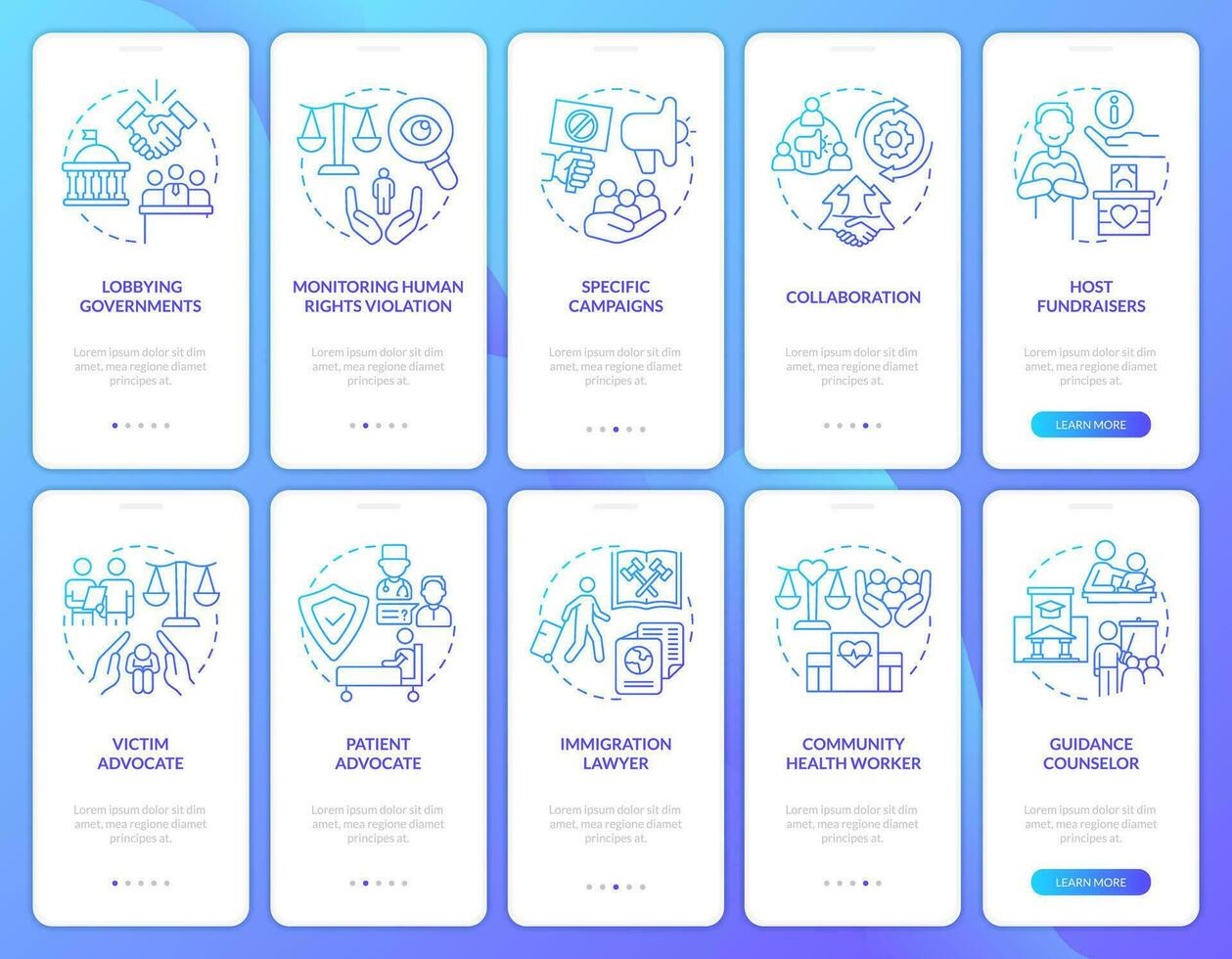 Forms and careers in advocacy blue gradient onboarding mobile app screens set. Walkthrough 5 steps graphic instructions with linear concepts. UI, UX, GUI template vector