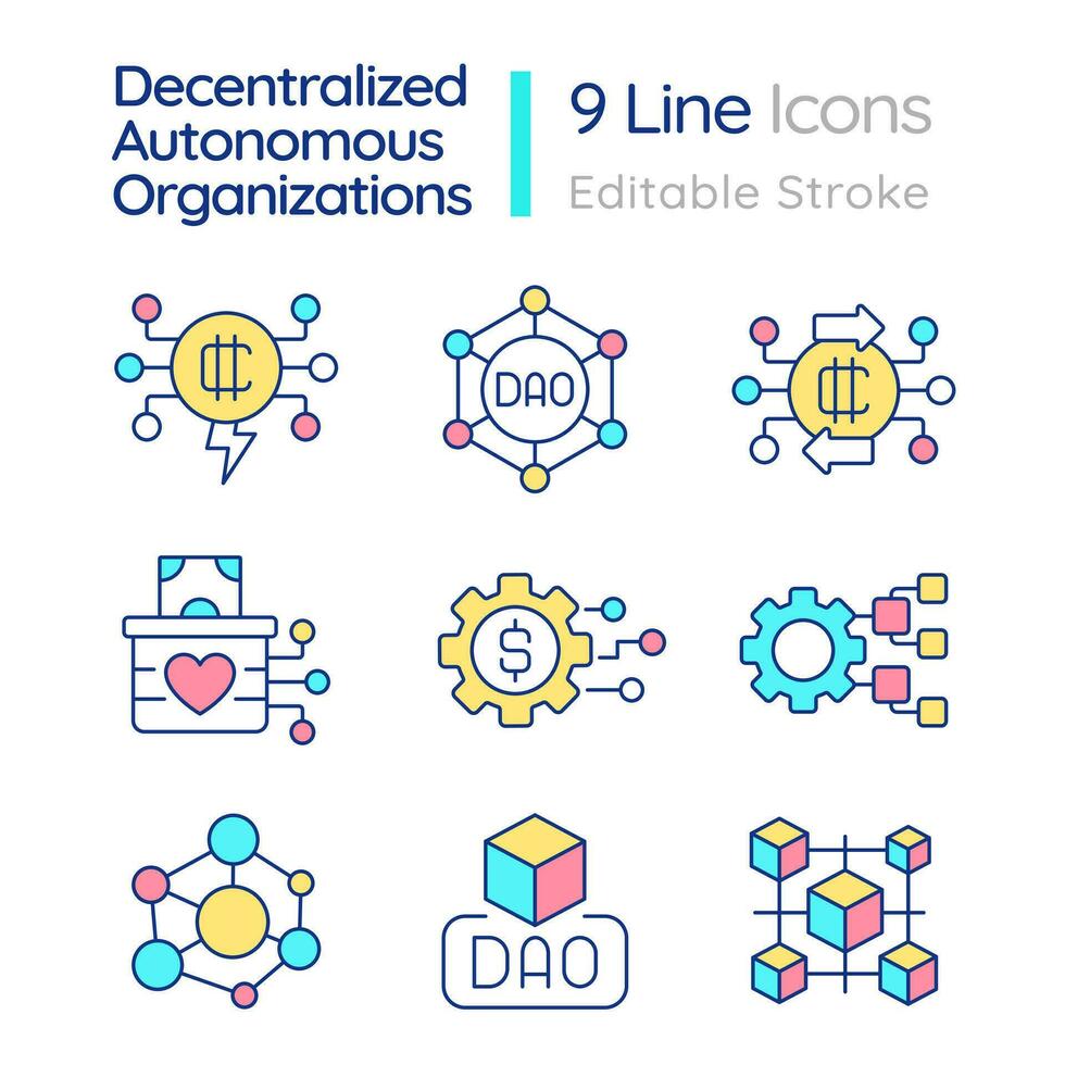 Decentralized autonomous organizations RGB color icons set. Virtual financial network. DAO technology. Isolated vector illustrations. Simple filled line drawings collection. Editable stroke