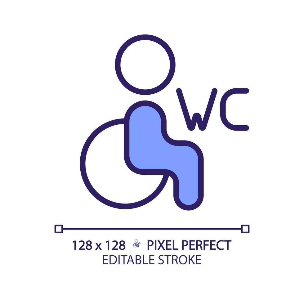 Accessible toilet pixel perfect RGB color icon. Restroom for disabled guests. Special conveniences in water closet. Isolated vector illustration. Simple filled line drawing. Editable stroke