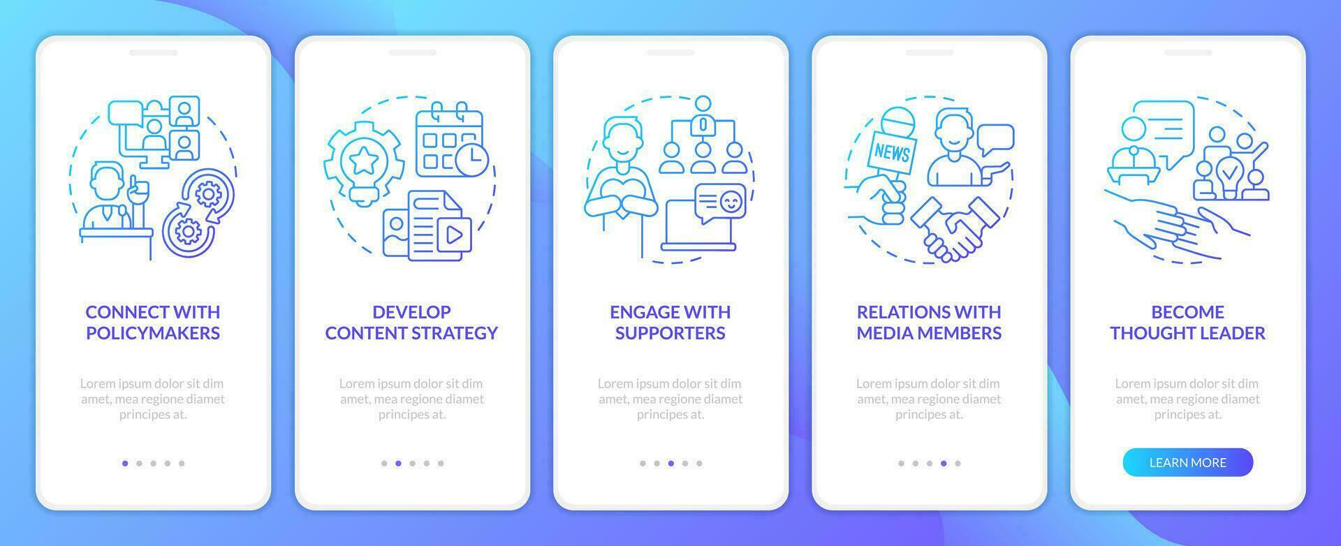 Social media features for advocacy blue gradient onboarding mobile app screen. Walkthrough 5 steps graphic instructions with linear concepts. UI, UX, GUI template vector