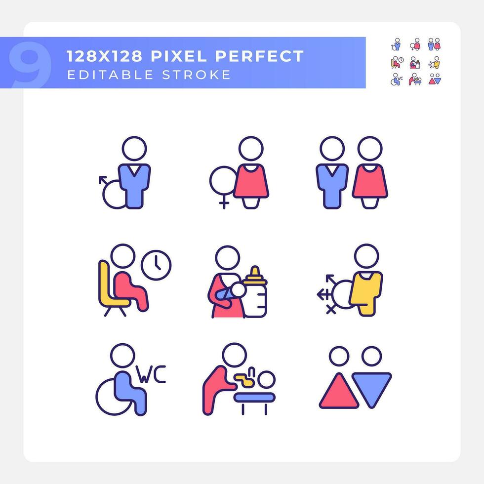 Public toilet rooms signs pixel perfect RGB color icons set. Hygiene in restrooms. Private place for guests. Isolated vector illustrations. Simple filled line drawings collection. Editable stroke