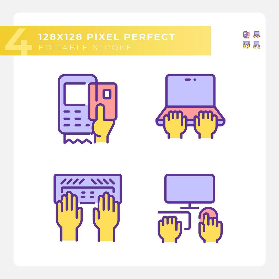 Yellow hands using devices RGB color icons set. Opportunity for technology users. Computing development process. Isolated vector illustrations. Simple filled line drawings collection