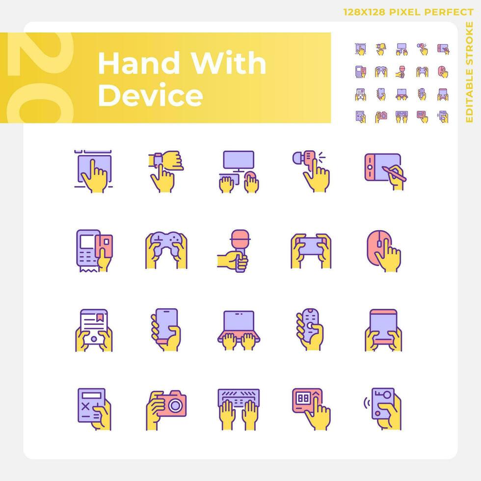 Yellow hands with devices RGB color icons set. User with electronic gadgets. Digital technology integration. Electronics. Isolated vector illustrations. Simple filled line drawings collection