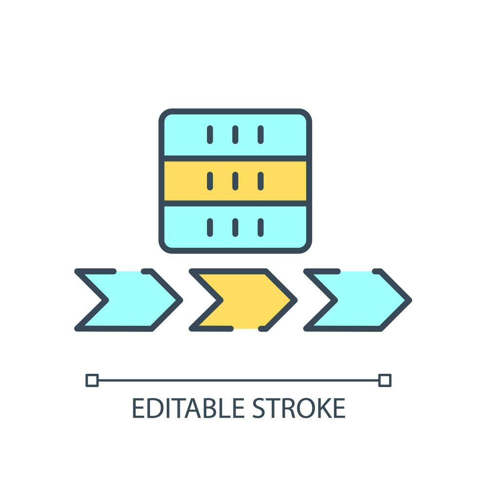Data flow RGB color icon. Datum lineage. Information movement trace. Digital storage. Transfer from source to consumption. Isolated vector illustration. Simple filled line drawing. Editable stroke