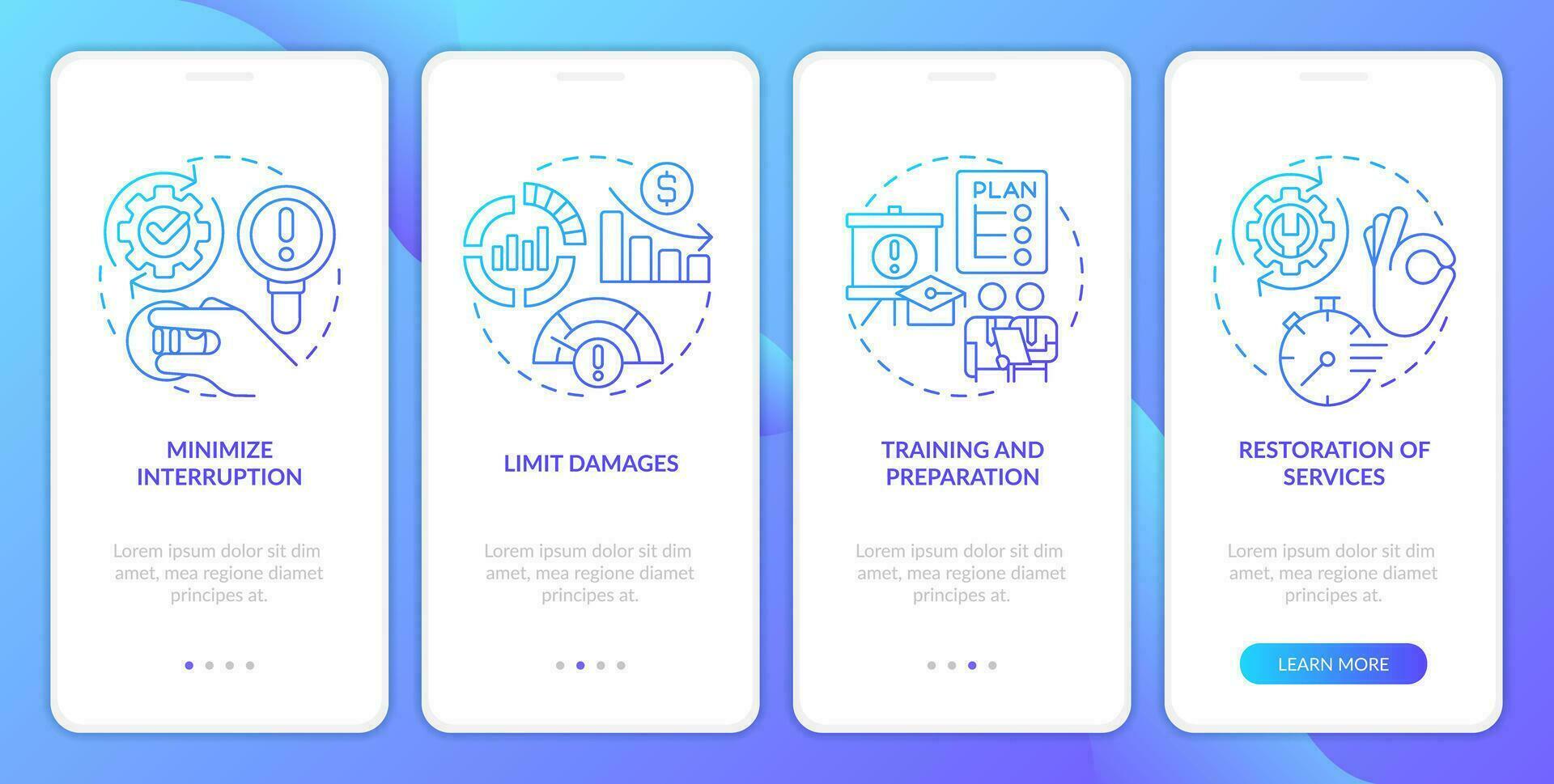Disaster recovery plan benefits blue gradient onboarding mobile app screen. Walkthrough 4 steps graphic instructions with linear concepts. UI, UX, GUI template vector