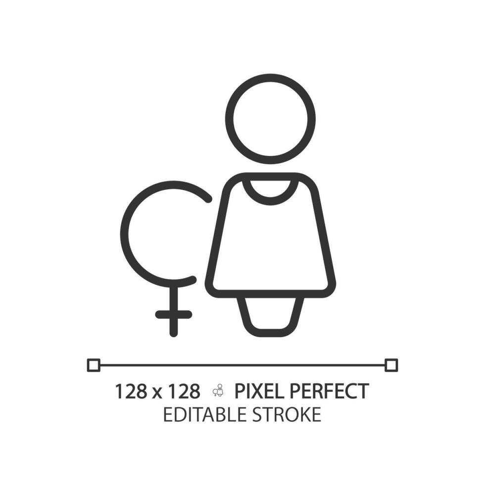 Toilet for women pixel perfect linear icon. Public restroom door marking. Closed space for ladies hygiene. WC service. Thin line illustration. Contour symbol. Vector outline drawing. Editable stroke