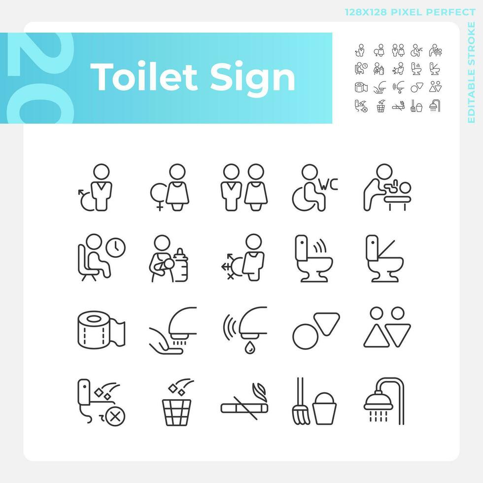 Toilet sign pixel perfect linear icons set. Public restroom marking symbols. Water closet rooms hygiene. Customizable thin line symbols. Isolated vector outline illustrations. Editable stroke