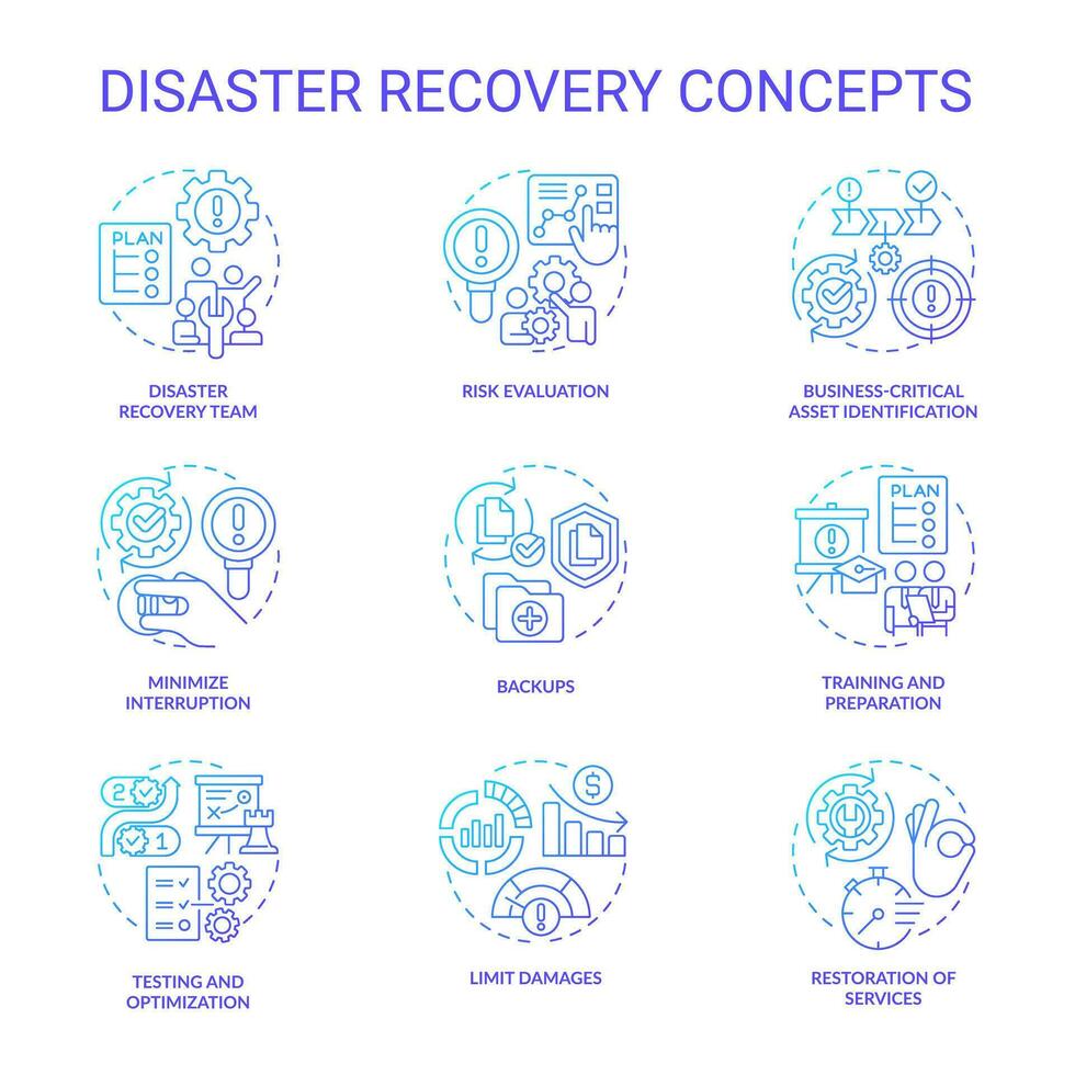 Disaster recovery blue gradient concept icons set. Restore data. Reestablish system work idea thin line color illustrations. Isolated symbols vector