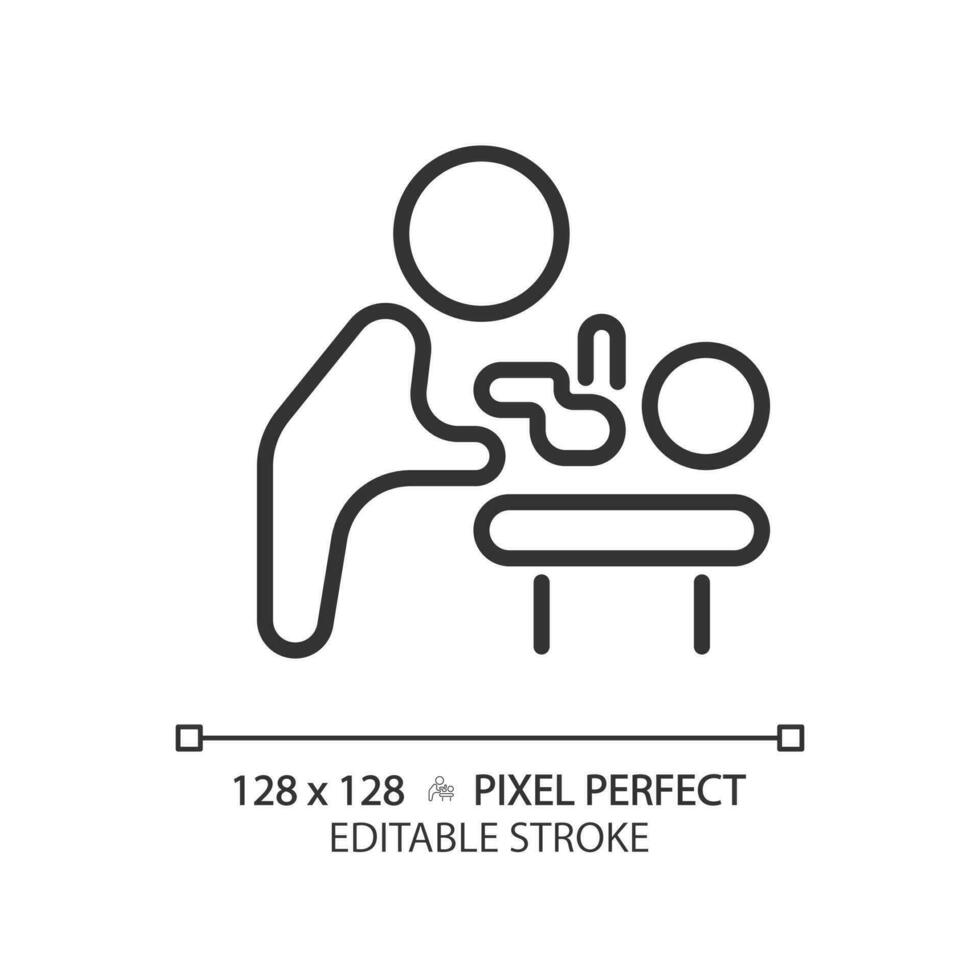 Baby changing room pixel perfect linear icon. Diaper table in public restroom. Convenience for little children parents. Thin line illustration. Contour symbol. Vector outline drawing. Editable stroke
