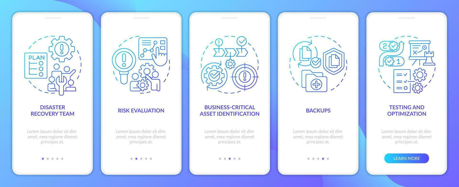 Effective disaster recovery plan blue gradient onboarding mobile app screen. Walkthrough 5 steps graphic instructions with linear concepts. UI, UX, GUI template vector