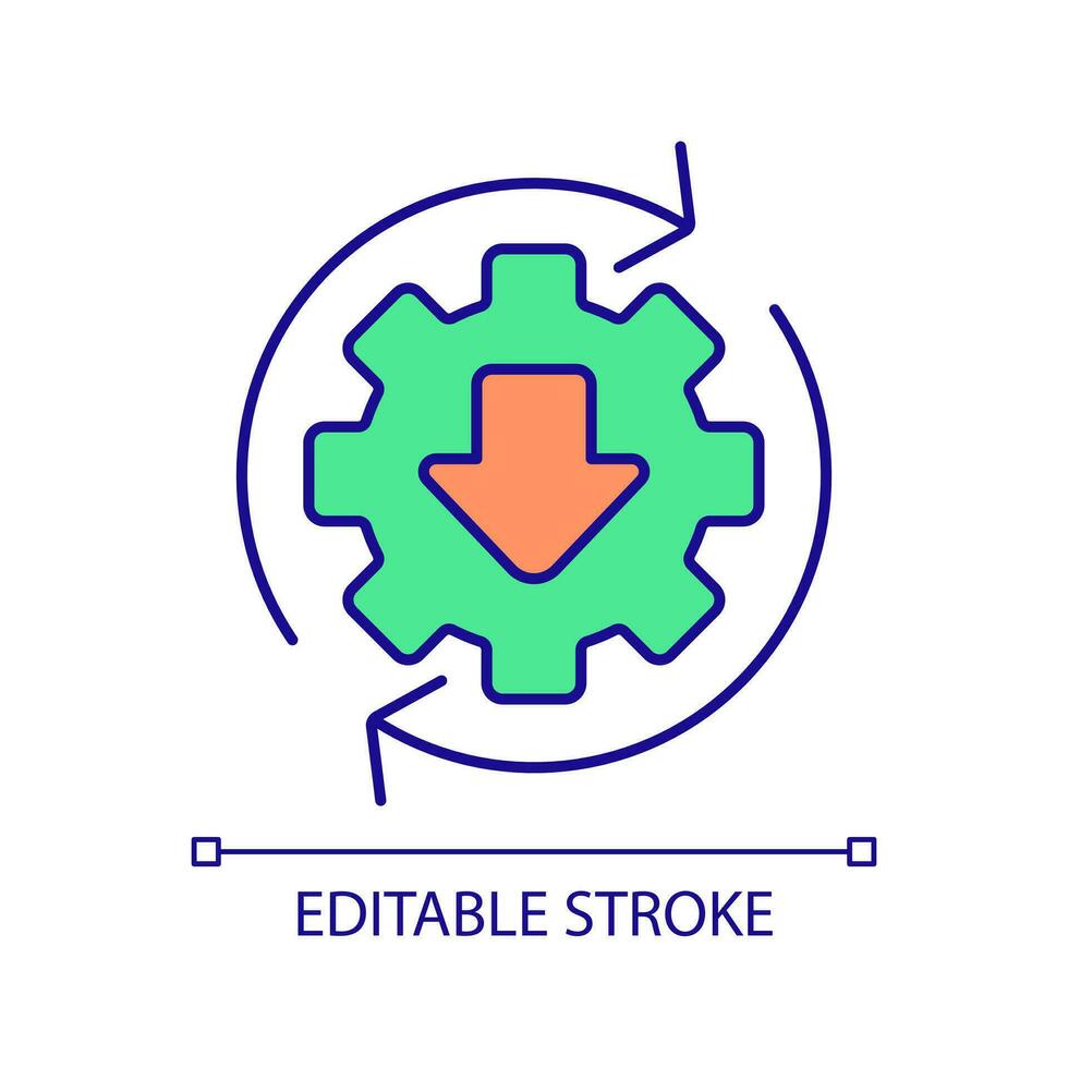 Download setup upgrade RGB color icon. Cogwheel with downward arrow. Technology innovations and development. Isolated vector illustration. Simple filled line drawing. Editable stroke