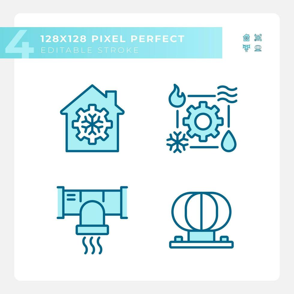 Hvac system light blue icons. Air condition. Cooling and heating. Ventilation equipment. Climate control. RGB color. Website icons set. Simple design element. Contour drawing. Line illustration vector