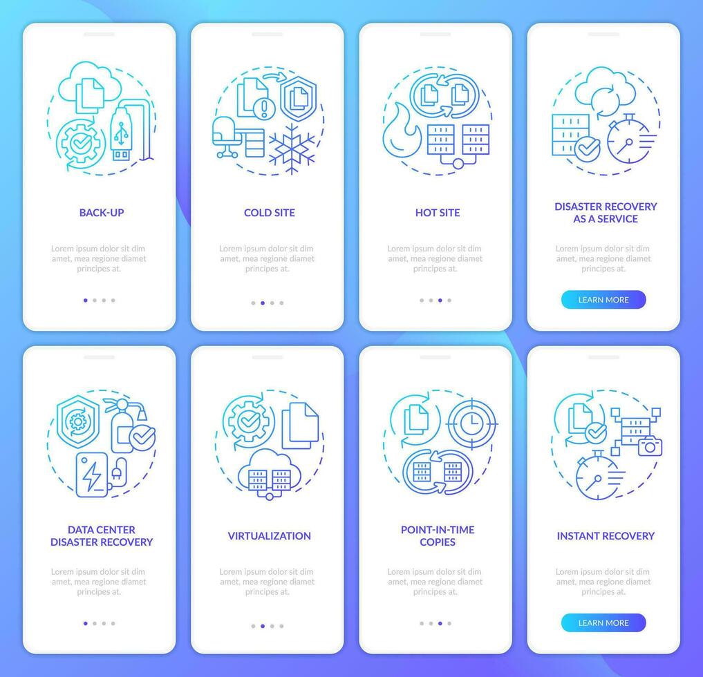 Disaster recovery blue gradient onboarding mobile app screens set. Walkthrough 4 steps graphic instructions with linear concepts. UI, UX, GUI template vector