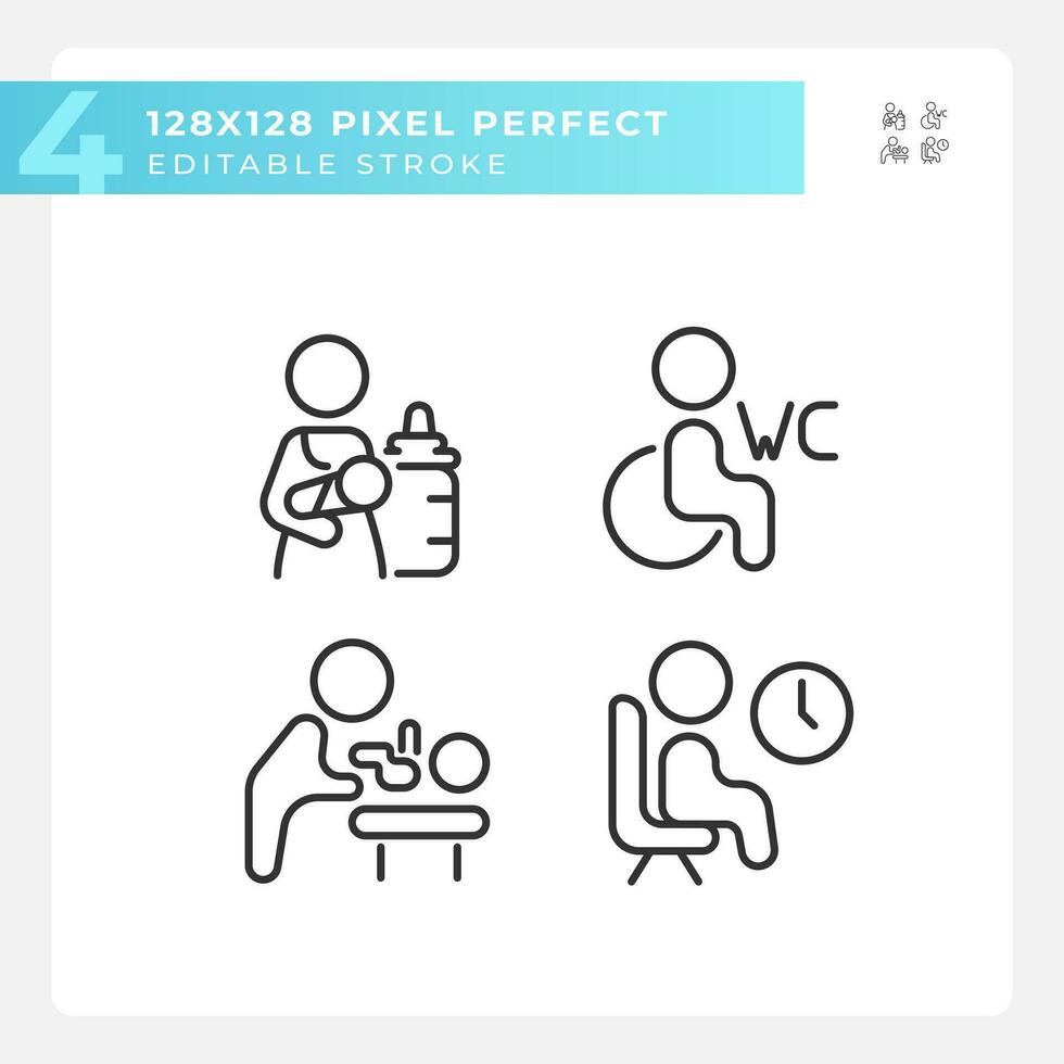 Rooms for baby care and rest pixel perfect linear icons set. WC for disabled visitors. Place to rest. Customizable thin line symbols. Isolated vector outline illustrations. Editable stroke