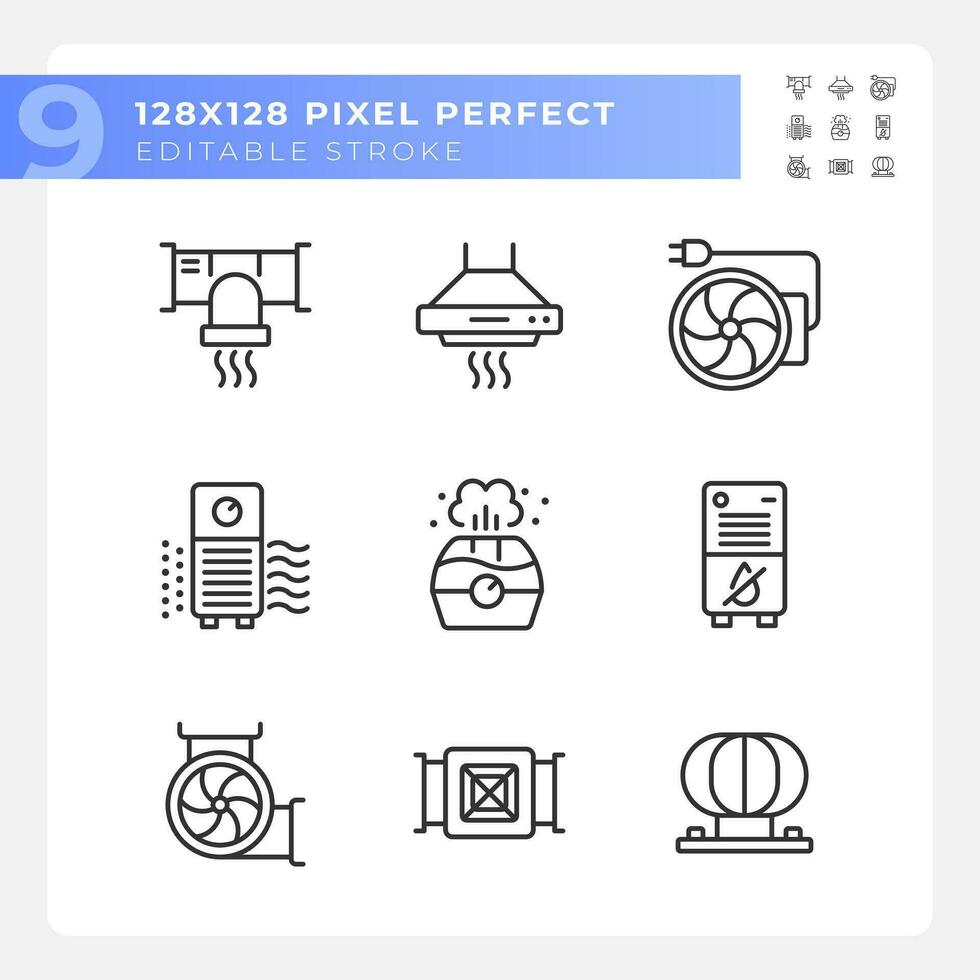 Air filtration linear icons set. Fresh air. Respiratory health. Home equipment. House appliance. Customizable thin line symbols. Isolated vector outline illustrations. Editable stroke