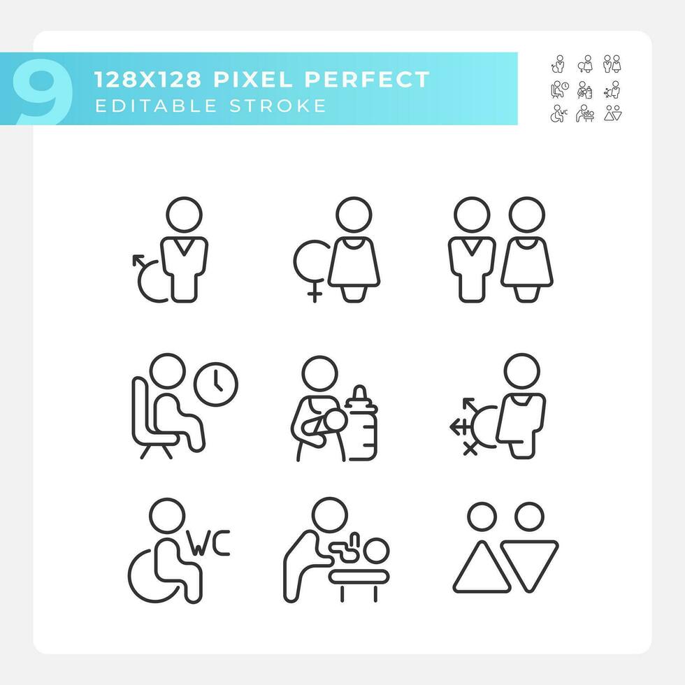 Public toilet rooms signs pixel perfect linear icons set. Hygiene in restrooms. Private place for guests. Customizable thin line symbols. Isolated vector outline illustrations. Editable stroke