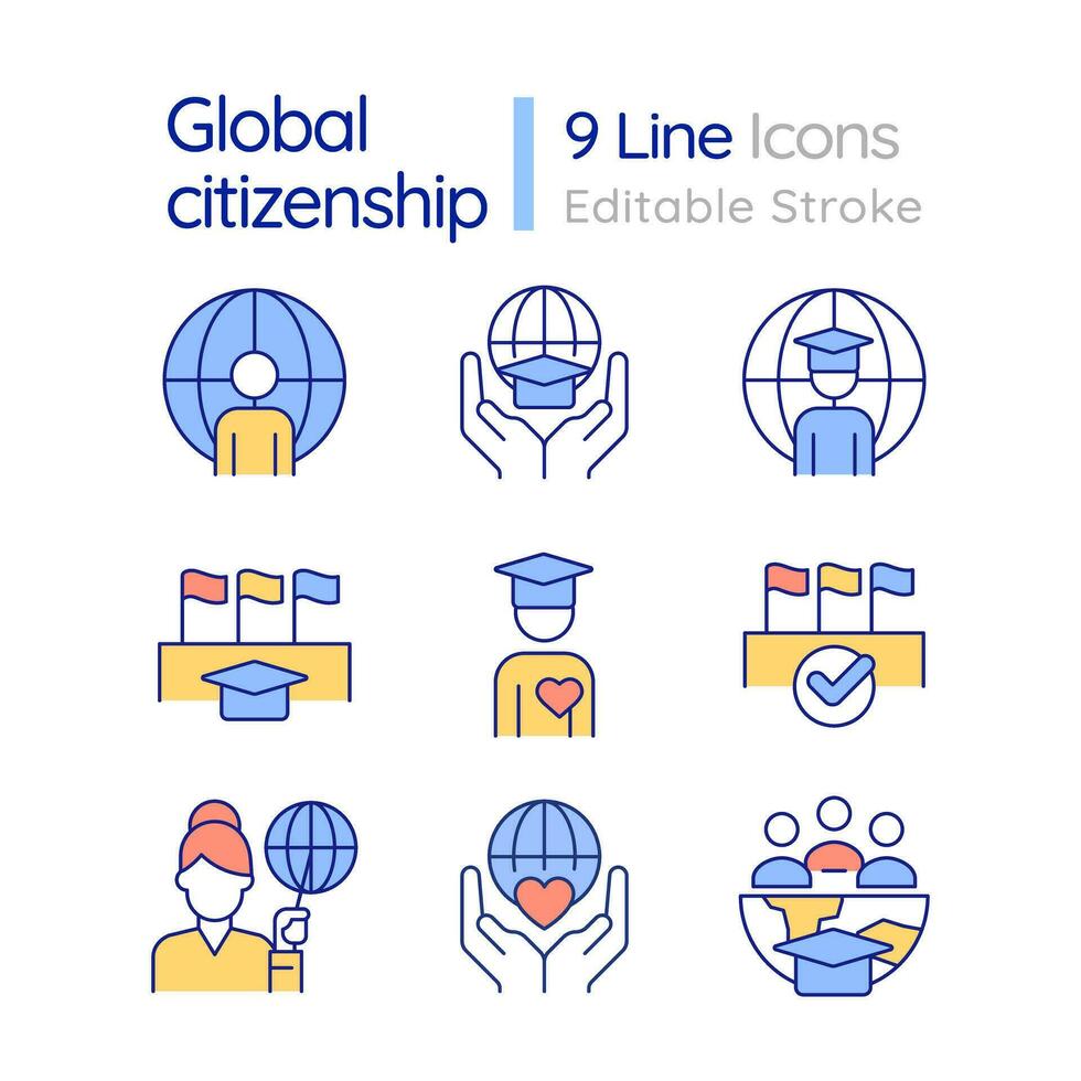 Global citizenship RGB color icons set. Responsive citizens. Sustainable development. Civil society. Isolated vector illustrations. Simple filled line drawings collection. Editable stroke