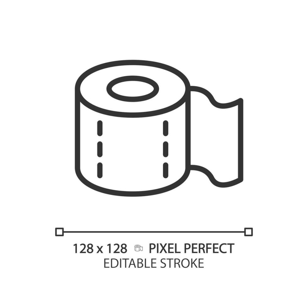 Toilet paper pixel perfect linear icon. Supplies for personal hygiene. Tissue material roll. Restroom accessory. Thin line illustration. Contour symbol. Vector outline drawing. Editable stroke