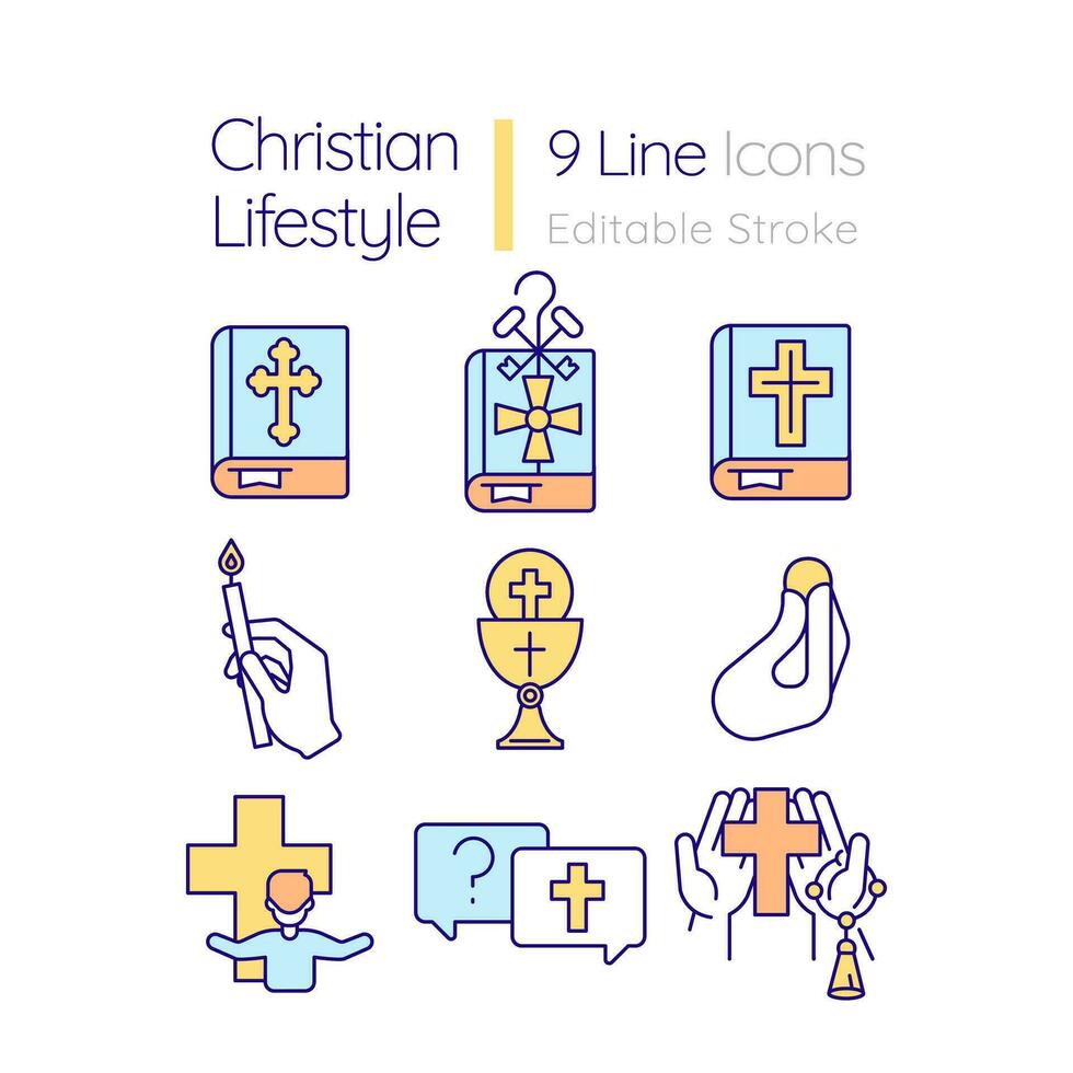 Christian culture RGB color icons set. Church services for worshipers. Religion rituals and statement. Isolated vector illustrations. Simple filled line drawings collection. Editable stroke