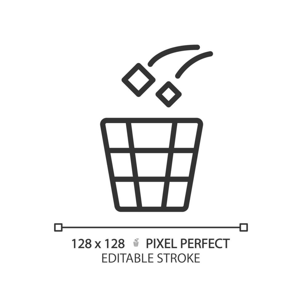 Throw rubbish pixel perfect linear icon. Use litter bin in toilet room. Put garbage in container. Remove rubbish. Thin line illustration. Contour symbol. Vector outline drawing. Editable stroke