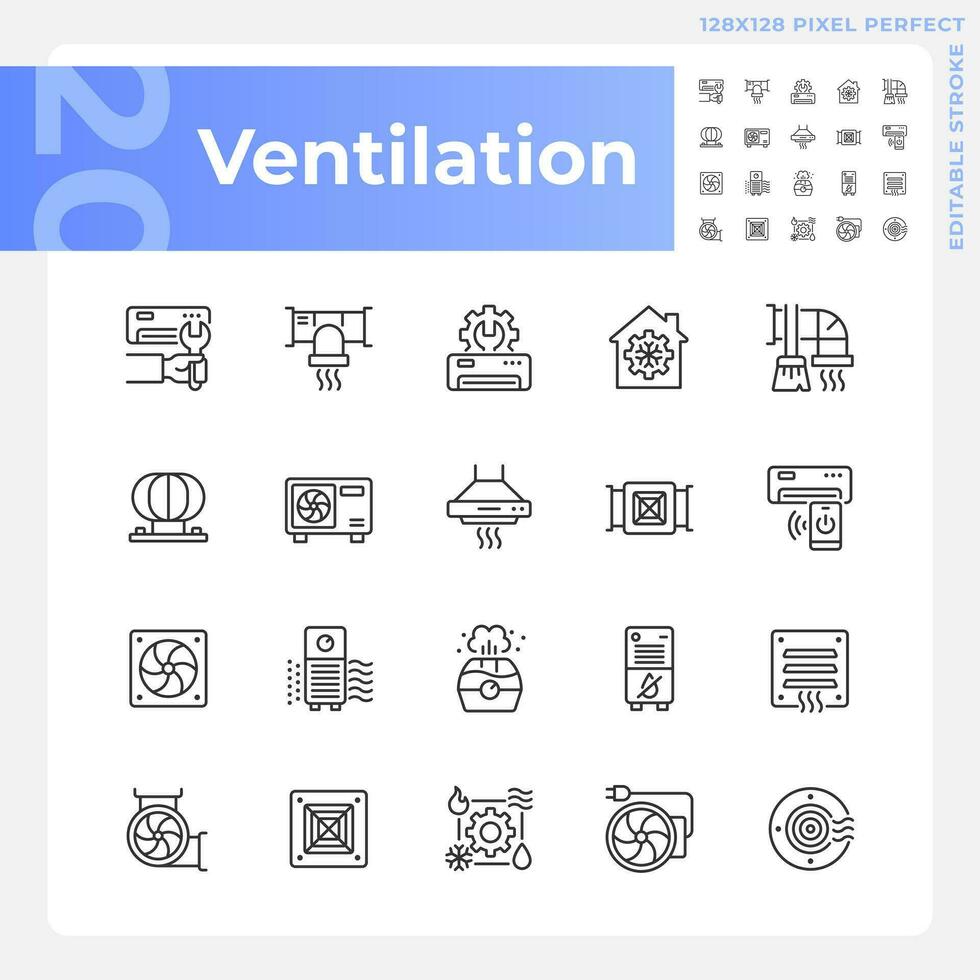 Ventilation linear icons set. Air condition. Hvac system. Indoor air quality. Heating and cooling. Customizable thin line symbols. Isolated vector outline illustrations. Editable stroke
