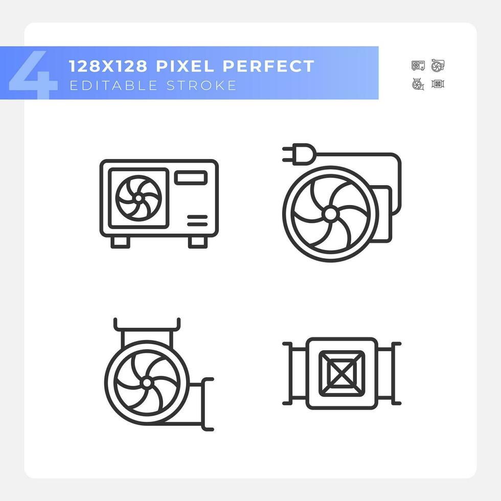 Hvac equipment linear icons set. Air condition. Building construction. Temperature control. Architecture plan. Customizable thin line symbols. Isolated vector outline illustrations. Editable stroke