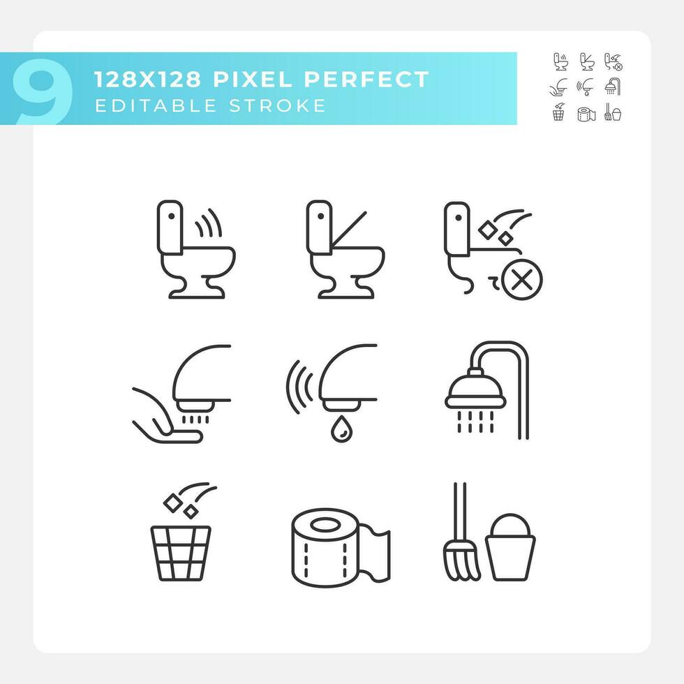Public toilets service pixel perfect linear icons set. Restrooms using rules. Conveniences for guests. Customizable thin line symbols. Isolated vector outline illustrations. Editable stroke