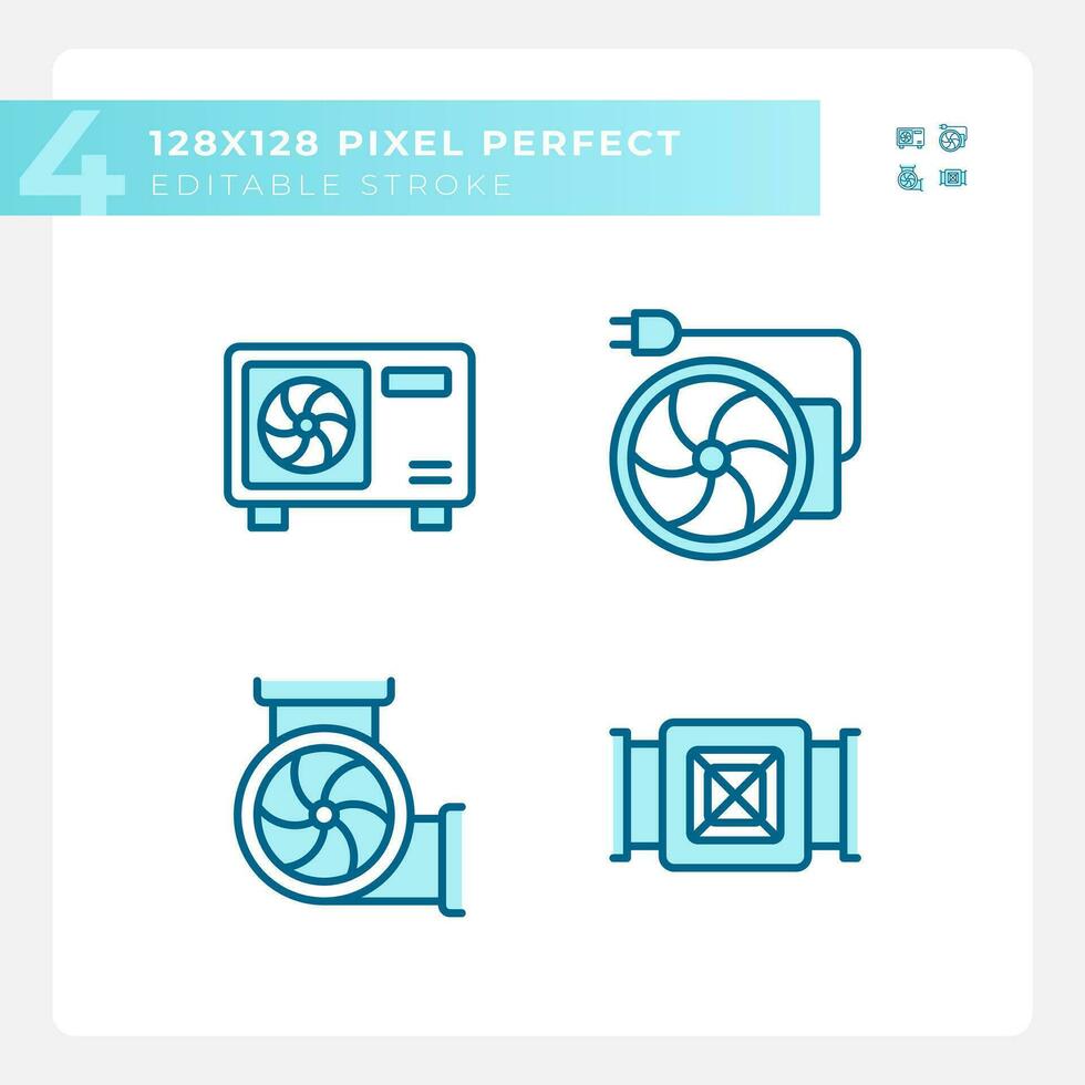 Hvac equipment light blue icons. Air condition. Building construction. Temperature control. Architecture plan. RGB color. Website icons set. Simple design element. Contour drawing. Line illustration vector