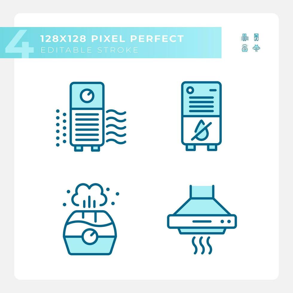Indoor air quality light blue icons. Air filtration. Climate control. Home appliance. Respiratory health. RGB color. Website icons set. Simple design element. Contour drawing. Line illustration vector