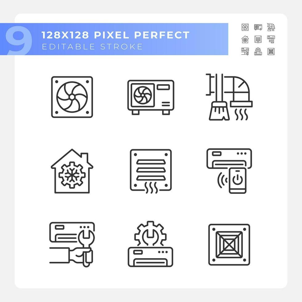 Heating and cooling linear icons set. Ventilation system. Air conditioner. Temperature control. Customizable thin line symbols. Isolated vector outline illustrations. Editable stroke