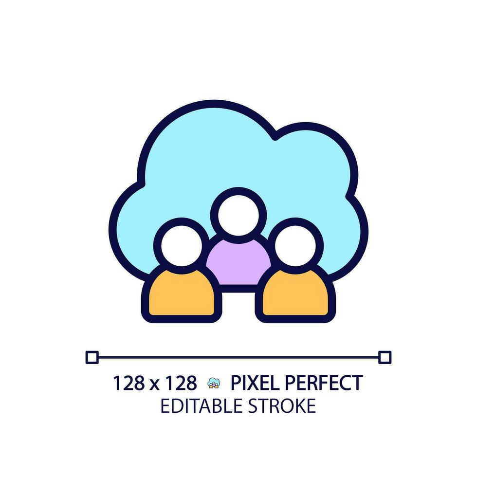 Community cloud pixel perfect RGB color icon. Share information between partners online. Public access to server. Isolated vector illustration. Simple filled line drawing. Editable stroke