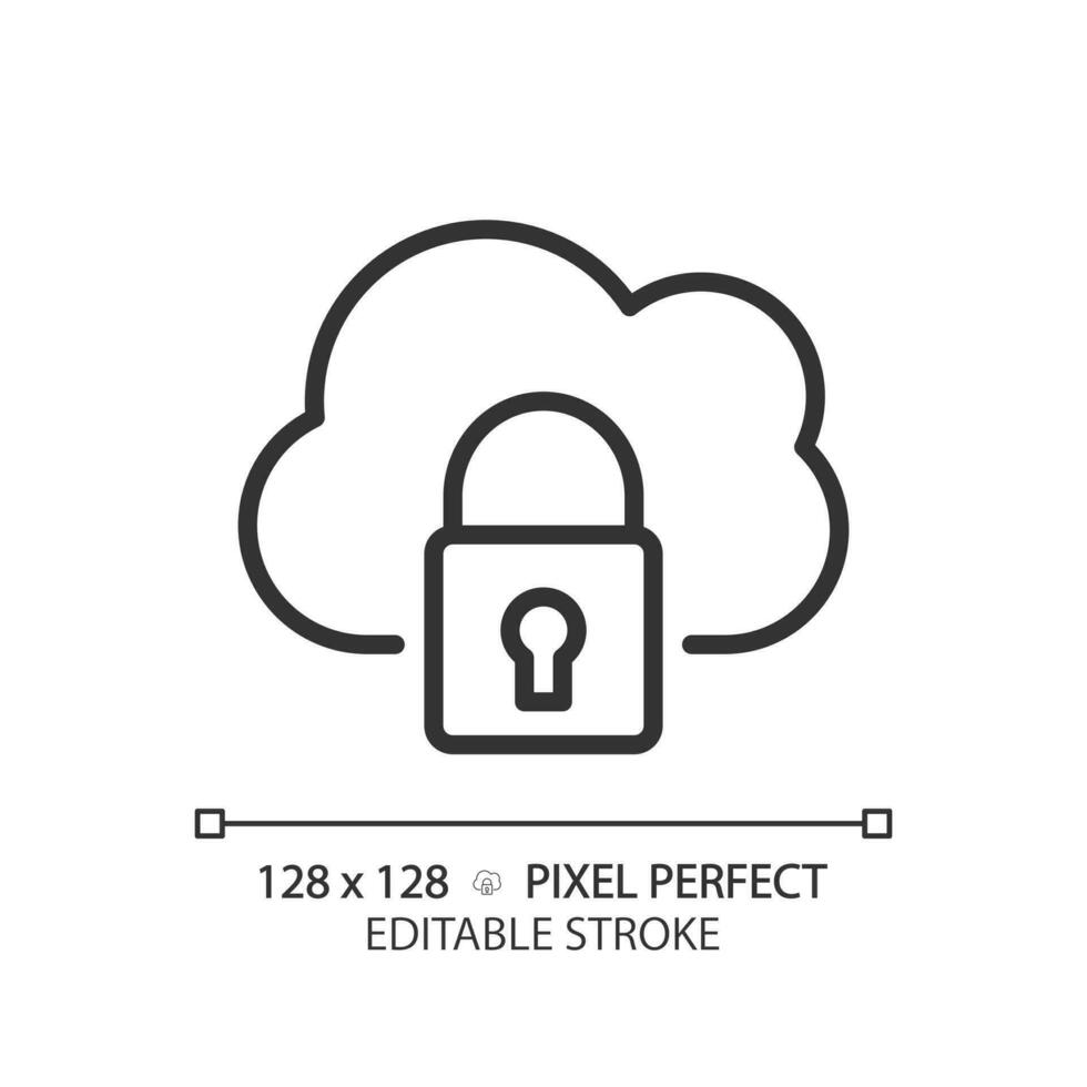 Private cloud pixel perfect linear icon. Closed access to online server. Organization data protection. Thin line illustration. Contour symbol. Vector outline drawing. Editable stroke