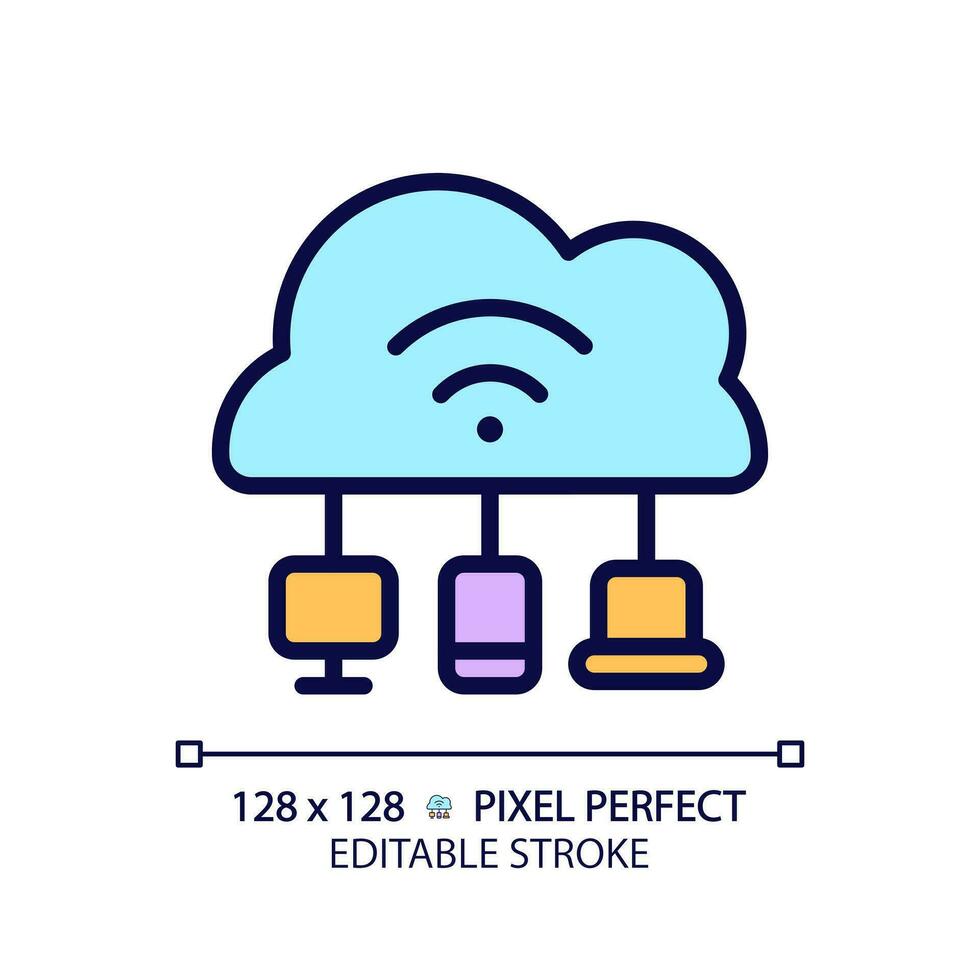 Cloud based IoT pixel perfect RGB color icon. Internet of things features. Massive network with devices and apps. Isolated vector illustration. Simple filled line drawing. Editable stroke