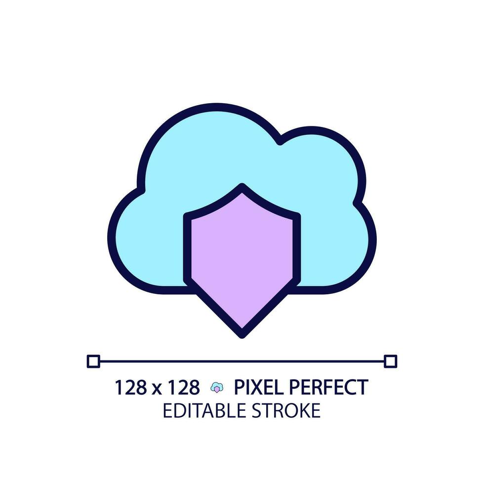 Cloud security pixel perfect RGB color icon. Internet dataset protection. Safe information storage online. Isolated vector illustration. Simple filled line drawing. Editable stroke