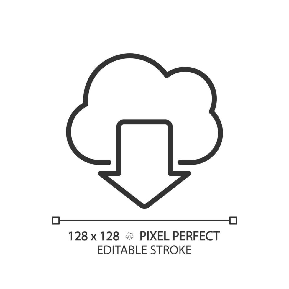 Download data from cloud based storage pixel perfect linear icon. Free access to information on internet. Thin line illustration. Contour symbol. Vector outline drawing. Editable stroke