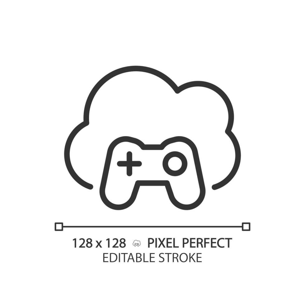 Cloud gaming pixel perfect linear icon. Play video games on virtual server. Amusement technology on internet. Thin line illustration. Contour symbol. Vector outline drawing. Editable stroke