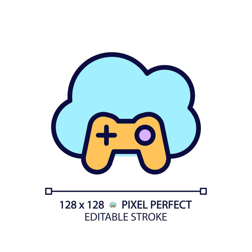 Cloud gaming pixel perfect RGB color icon. Play video games on virtual server. Amusement technology on internet. Isolated vector illustration. Simple filled line drawing. Editable stroke