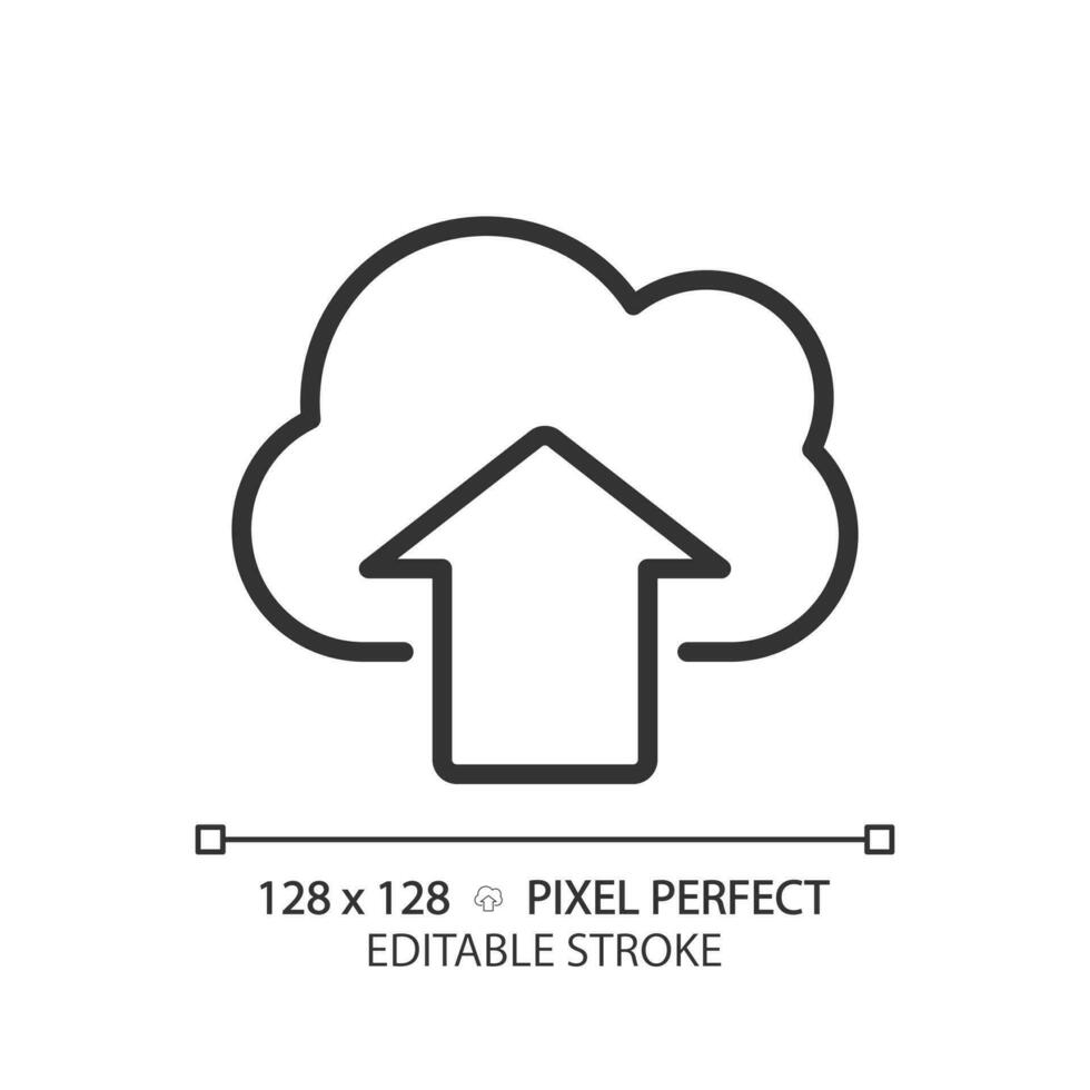 Upload files on cloud based storage pixel perfect linear icon. Safe virtual server for users data. Information online. Thin line illustration. Contour symbol. Vector outline drawing. Editable stroke