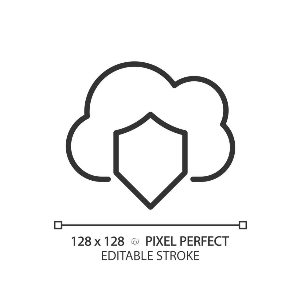 Cloud security pixel perfect linear icon. Internet dataset protection. Safe information storage online. Thin line illustration. Contour symbol. Vector outline drawing. Editable stroke