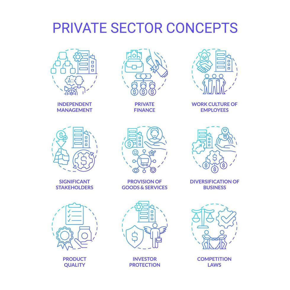 Private sector blue gradient concept icons set. Business and property ownership. Economics industry idea thin line color illustrations. Isolated symbols vector