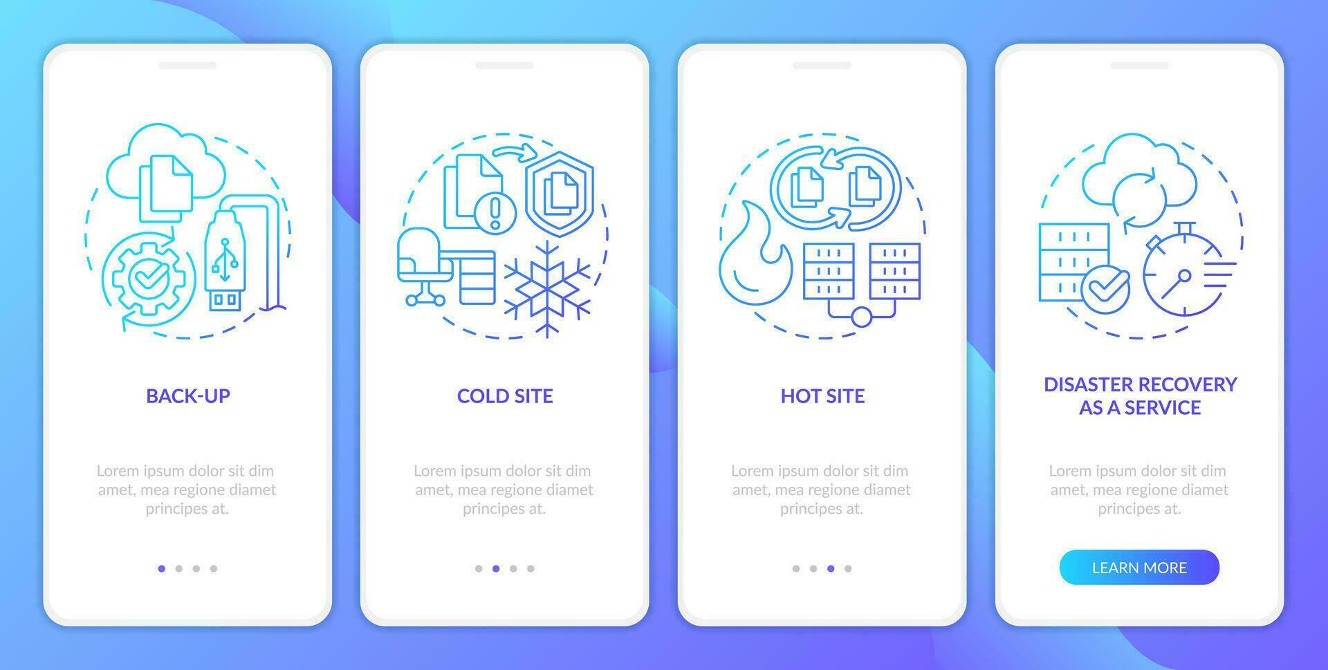 Types of disaster recovery blue gradient onboarding mobile app screen. Walkthrough 4 steps graphic instructions with linear concepts. UI, UX, GUI template vector