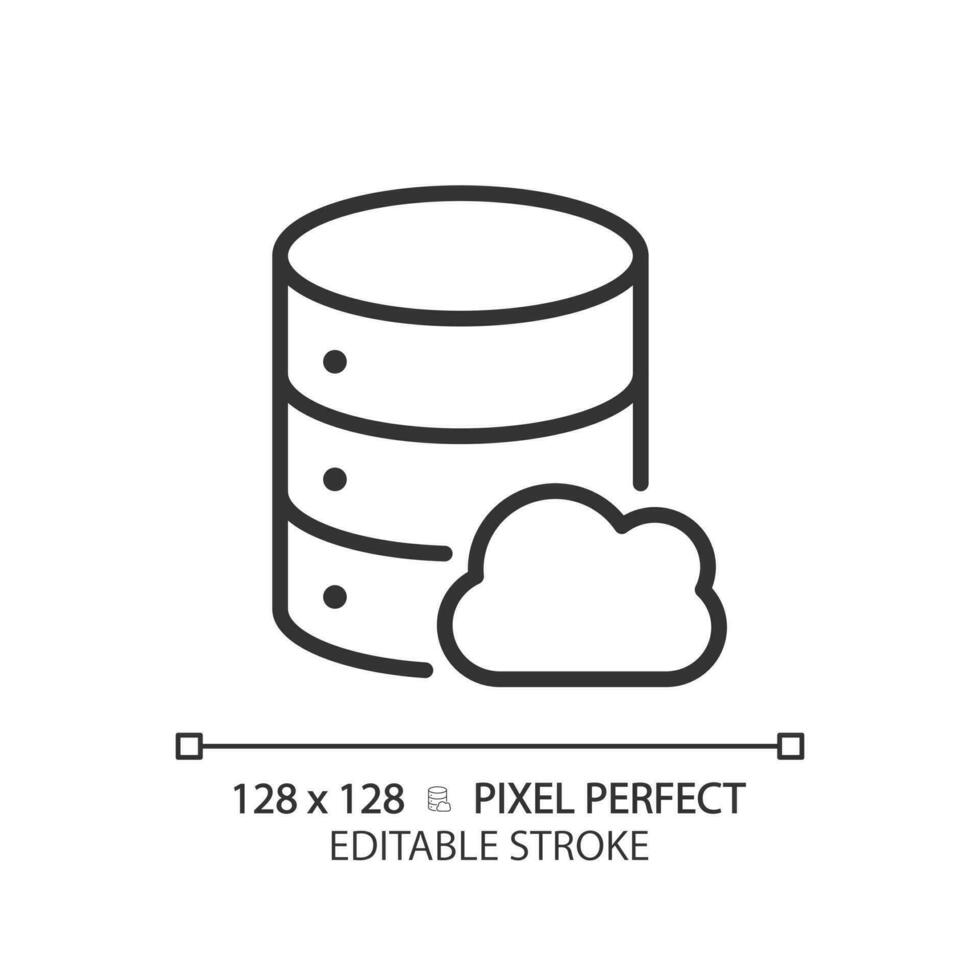 Cloud database pixel perfect linear icon. Computing technology of dataset processing. Online server facility. Thin line illustration. Contour symbol. Vector outline drawing. Editable stroke